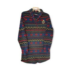 Ralph Lauren Black Multicolor Patterned Fleece Sleep Shirt with Pickets and Logo